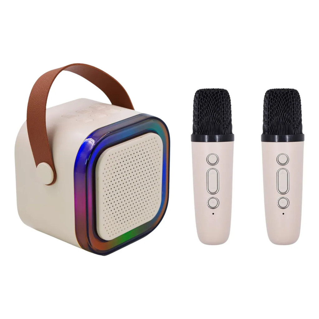Karaoke Caixa De Som Infantil Com 2 Microfones Sem Fio Com Bluetooth Led Portatil K12 Branco