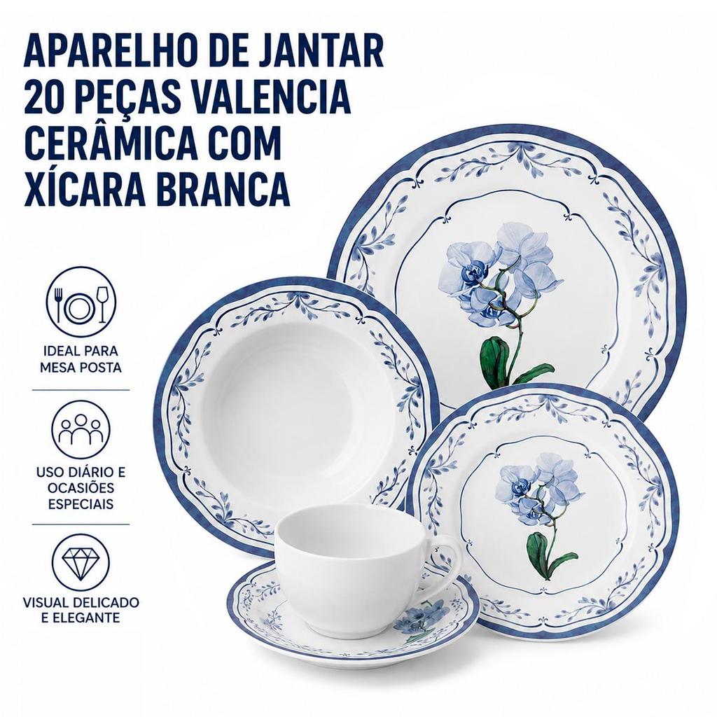 Aparelho de Jantar 20 Peças Valencia Cerâmica com Xícara Para Transformar Sua Mesa - Alleanza