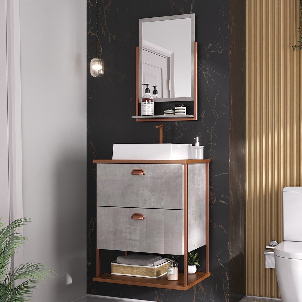 Gabinete Suspenso com Cuba e Espelheira 60cm Olivia Espresso Móveis Cinza/Cimento Cimento