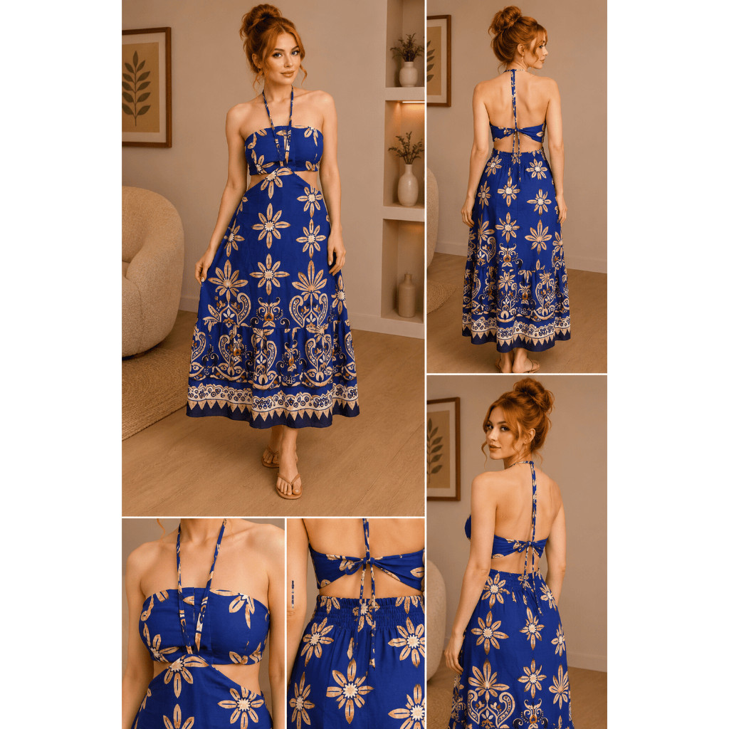 Vestido Longo Feminino Estampado Frente Única Amarração Recorte Cintura Vazio Fenda Soltinho Verão Moda Blogueira