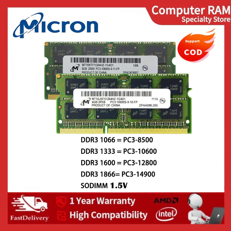 Micron Portátil Ram ddr3 4GB 8GB 1066/1333/1600MHz Memória PC3-8500 10600 12800 14900 ddr3 1.5V SODIMM 204pin Para Noteb