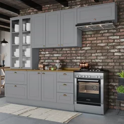 Cozinha Compacta Modulada 4 Peças com Cristaleira Emily Cinza e Tampo Nature Cinza/Nature