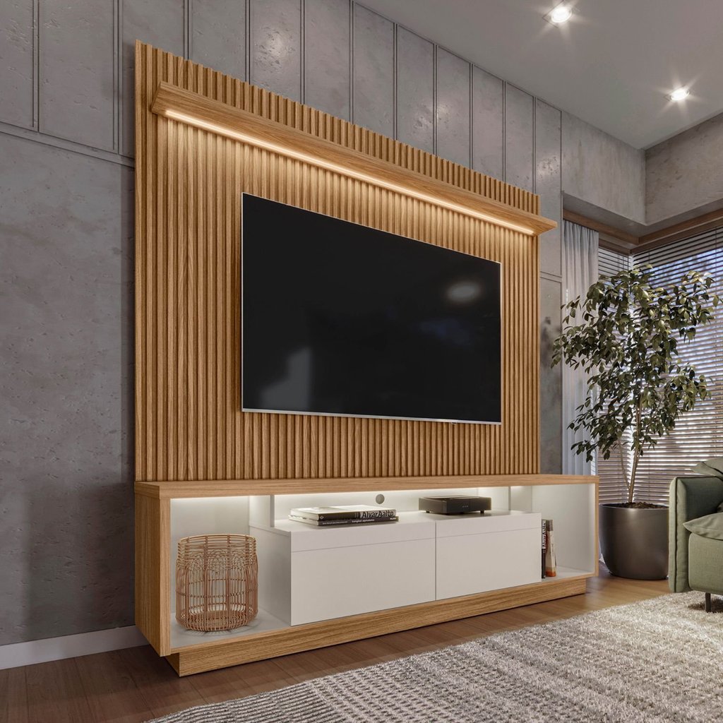 Rack com Painel para TV até 75 Polegadas Ripado LED Marrom 204x181cm Cronos CabeCasa MadeiraOriginals