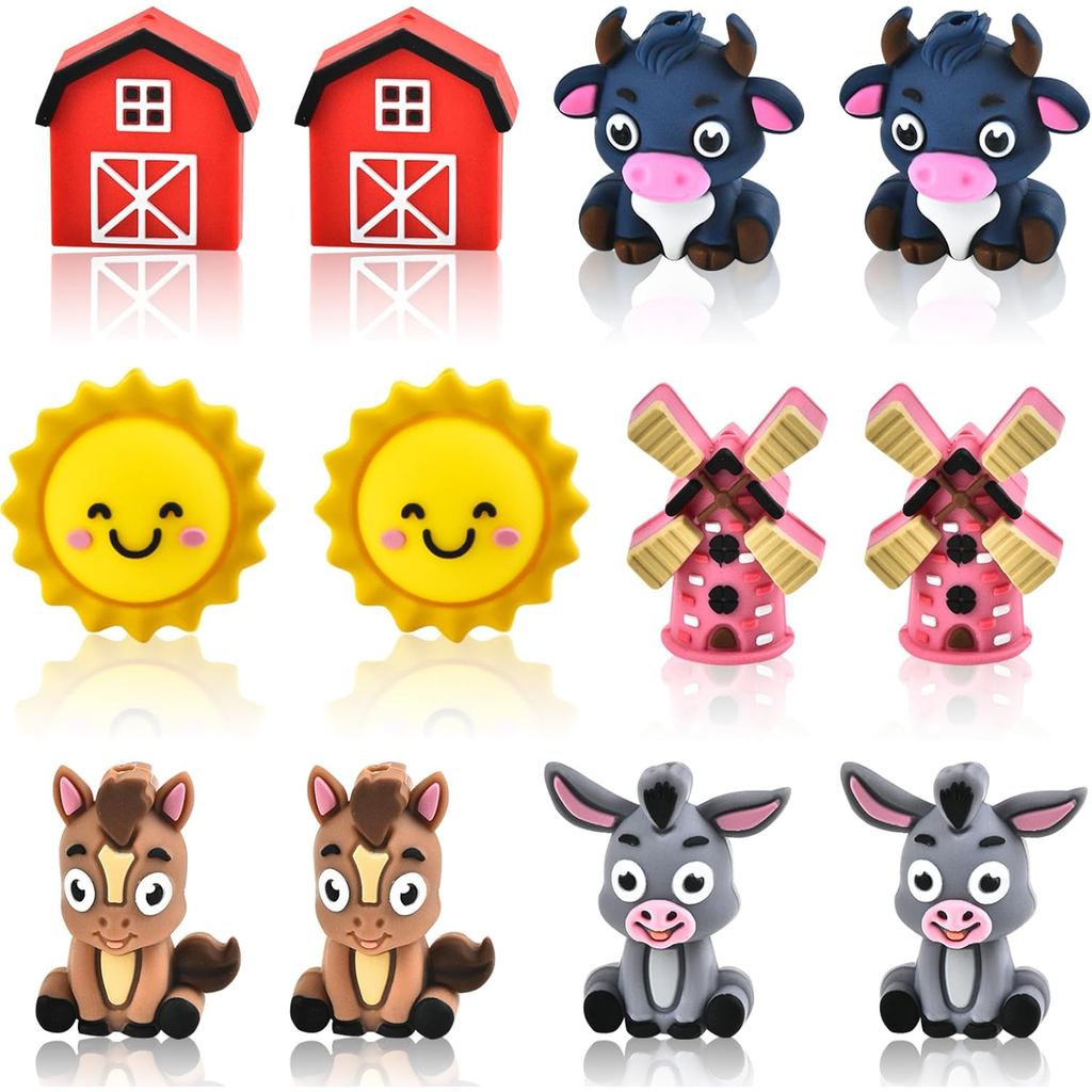 12 Peças de Contas de Silicone com Tema de Fazenda 3D para Confecção de Chaveiros, Contas de Silicone para Canetas, Cont