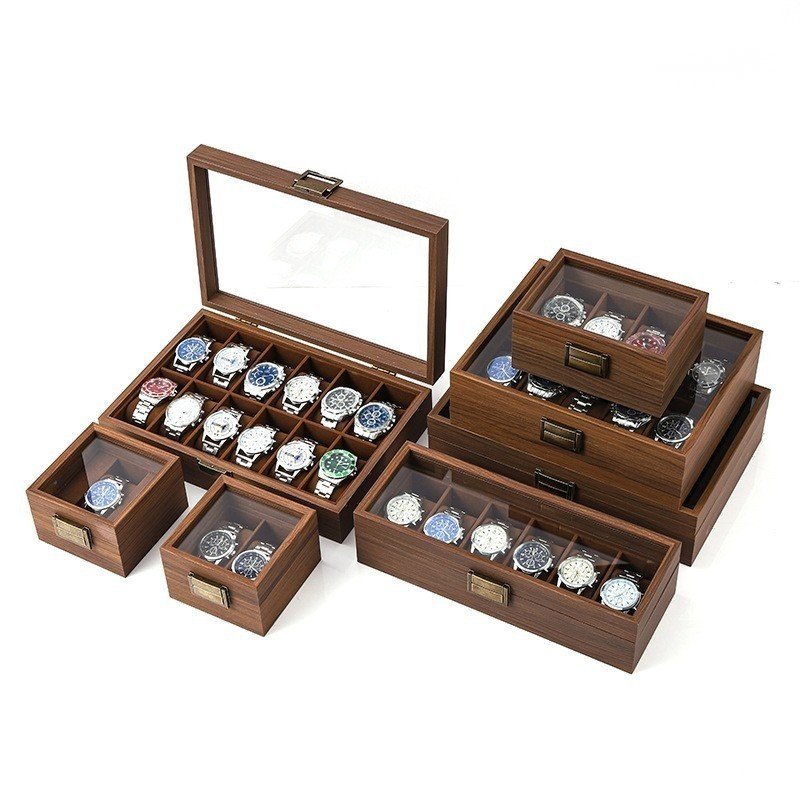 Caixa de armazenamento de relógios cor de nogueira em estoque, caixa de coleção para pulseiras e relógios, vitrine para
