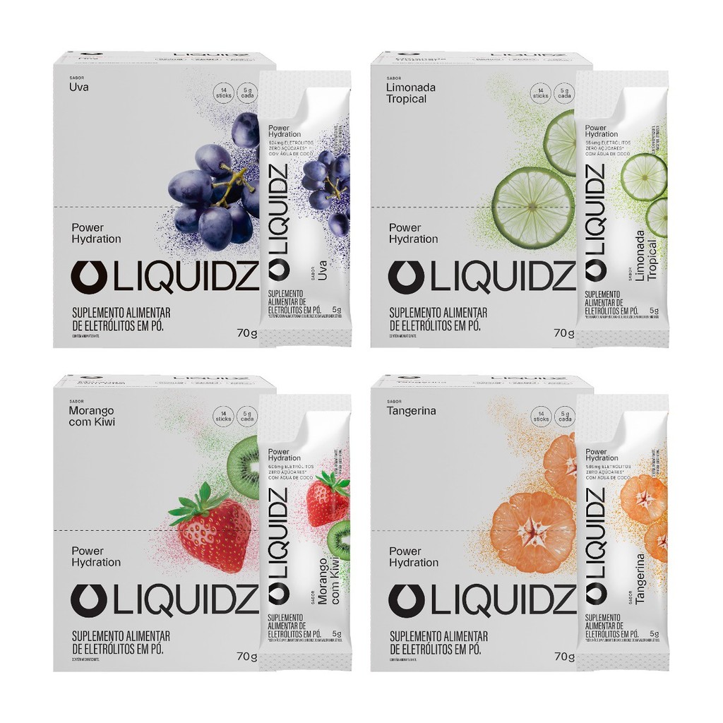 Kit 4 Sabores - LIQUIDZ® - Eletrólitos Zero Açúcares - 4 Caixas - 56 sachês