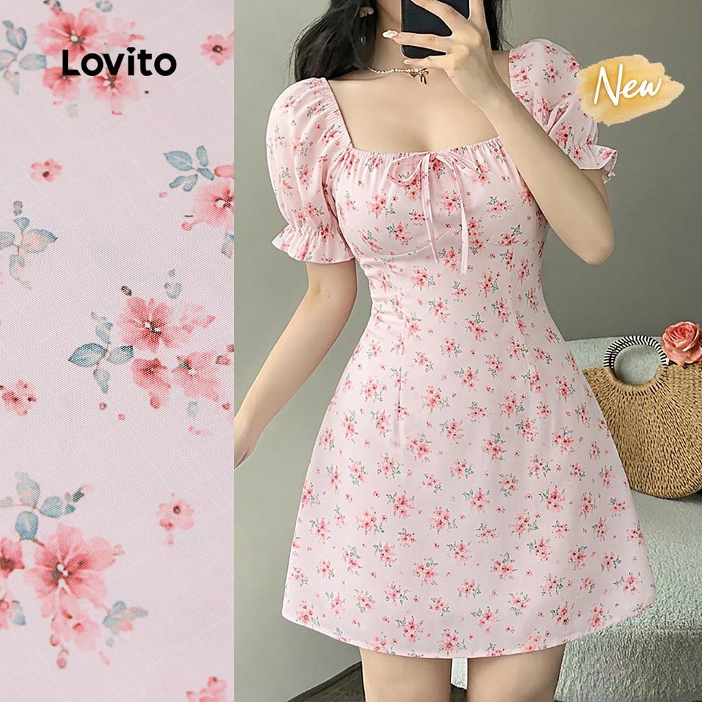 (New Arrival) Lovito Vestido Casual Rosa para Mulheres com Acabamento de Alface