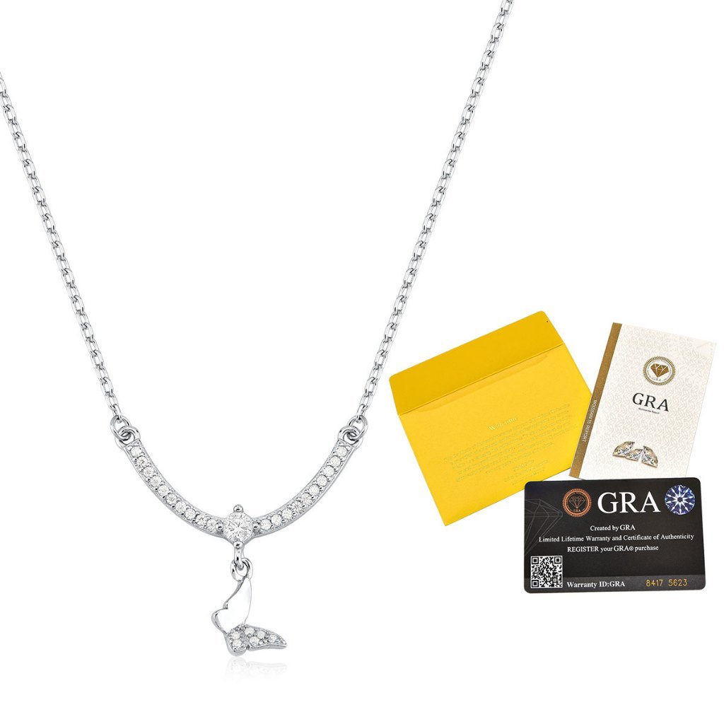 Colar Moissanite de Prata 925 Borboleta Cravejada e Ponto de Luz
