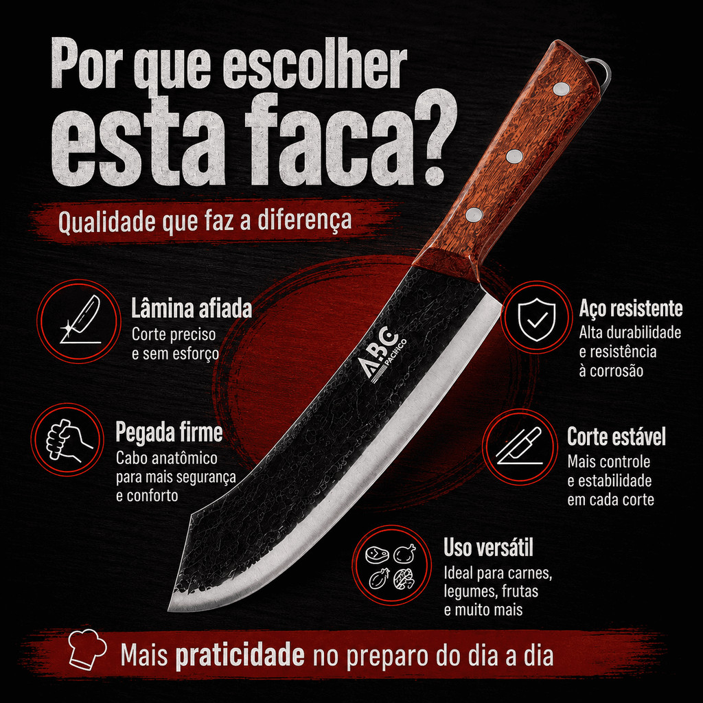 Faca de Carne Premium com Lâmina Preta Forjada, Cabo Anatômico de Madeira, Faca para Churrasco