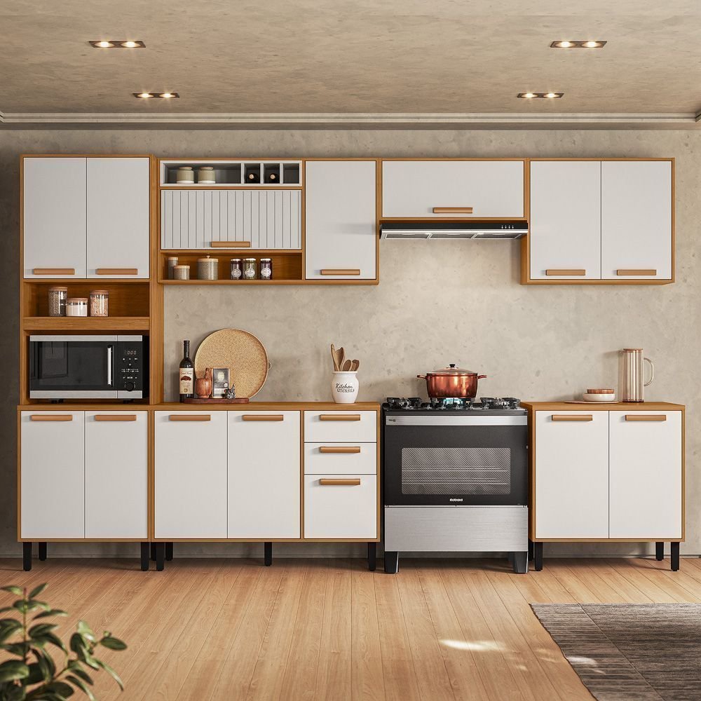 Cozinha Modulada 6 Peças 14 Portas 2 Gavetas Nicho para Forno Nápoles Itatiaia Branco/Cinamomo/Off White Cinamomo/Off