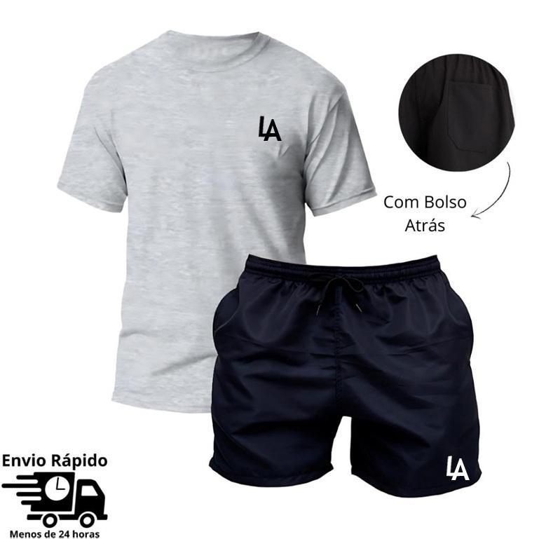 Conjunto Masculino Camiseta e Short Tactel com Bolso Atrás Praia Moda Casual Treino Academia Mauricinho Los Angeles