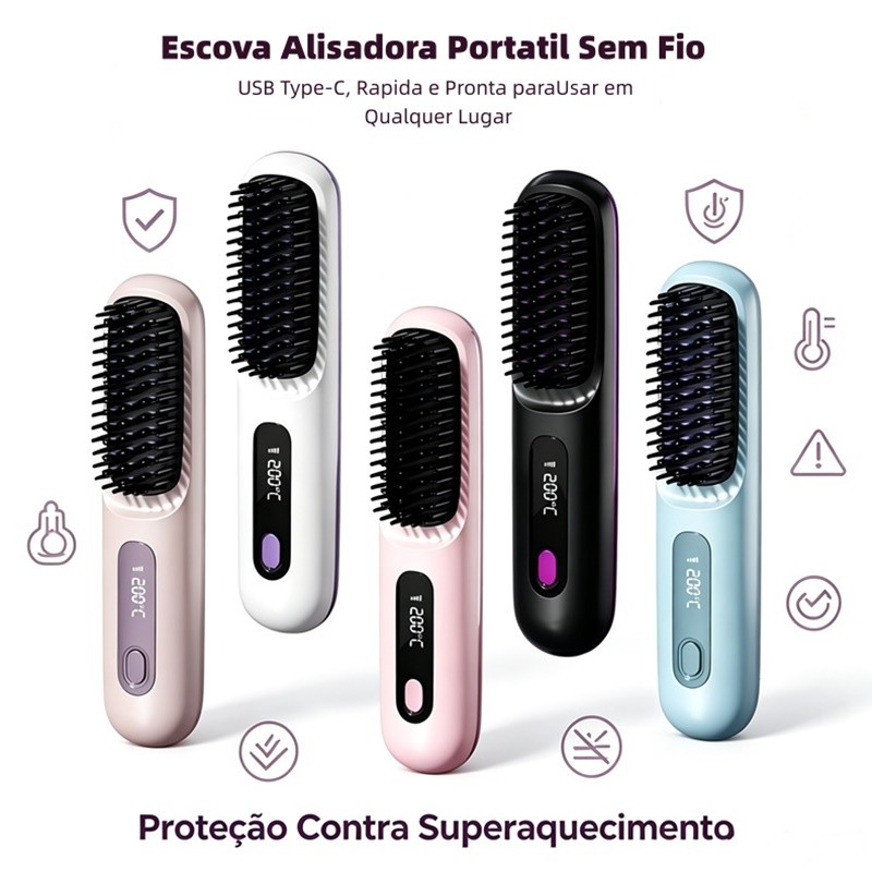 Alisador Cabelo Escova Portátil Viagem Penteador USB Rolo Liso Uso AIRER.BR