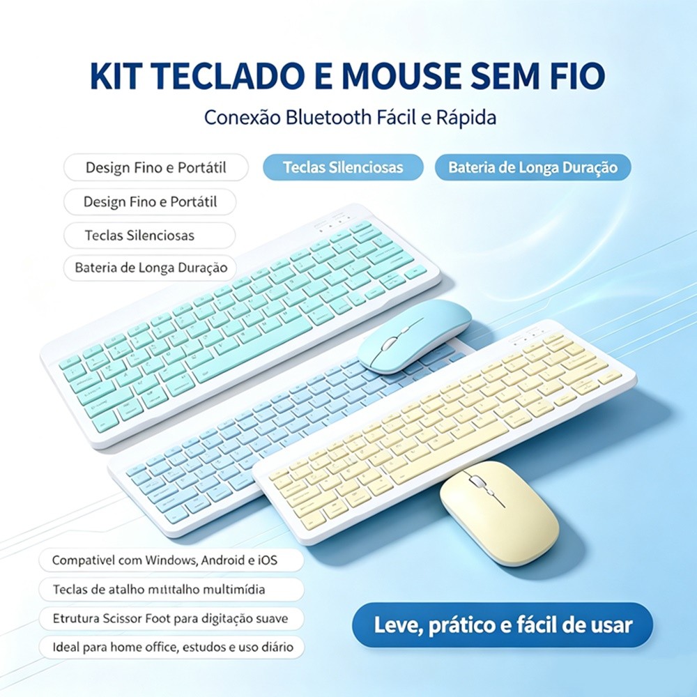 Kit Teclado E Mouse Bluetooth 5.2 Compatível Pc iPhone Android 
