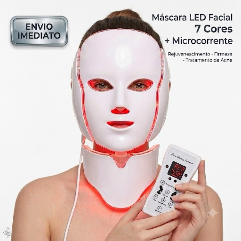Máscara Led Facial Rosto e Pescoço 7 Cores - Fototerapia Anti Idade com Microcorrente, Rejuvenescedora