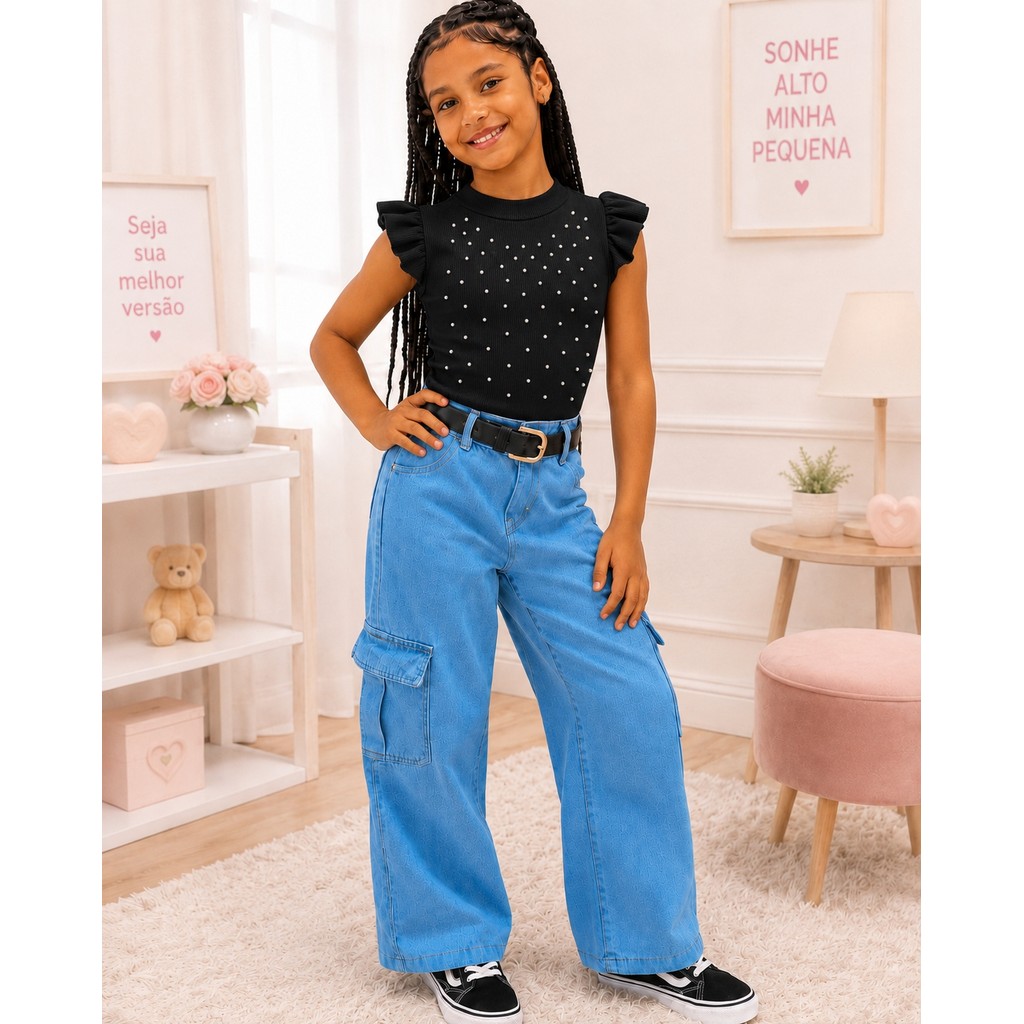 Conjunto Infantil 2 peças Blusa Brilho Manga Princesa e Calça Jeans Moda Bloguerinha Fashion Verão Escola