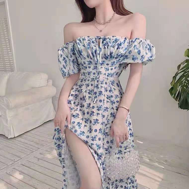 Vestido floral azul para mulheres, novo vestido longo de verão com fenda, design elegante, vestido estilo francês para c