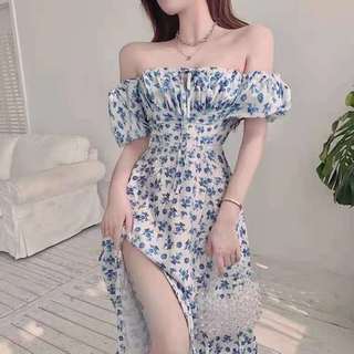 Vestido floral azul para mulheres, novo vestido longo de verão com fenda, design elegante, vestido estilo francês para c