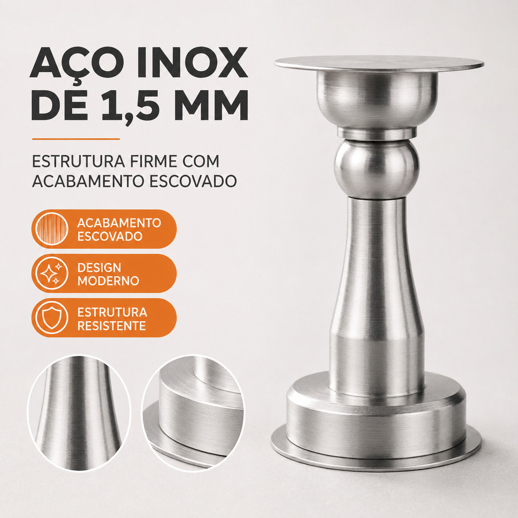 Batedor Batente Trava Porta Aço Inox Premium Amortecedor 3M Sem Furo E Com Parafusos Dupla Instalação
