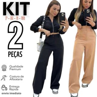 Kit 2 Calça Pantalona Alfaiataria Cintura Alta Com Bolso