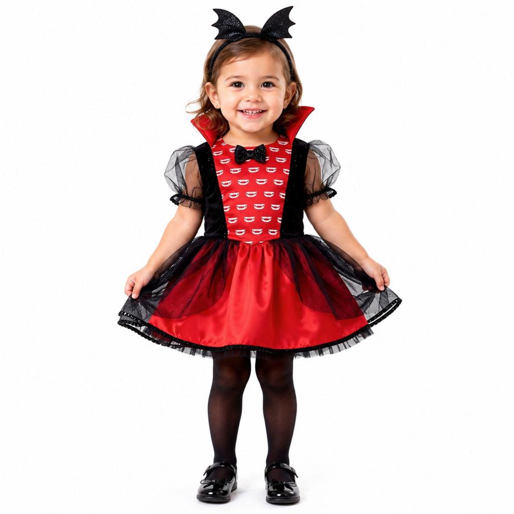 Fantasia Halloween Bebê Menina de Luxo Vampira Com Tiara e Gola Estruturada P 0 - 3 Meses
