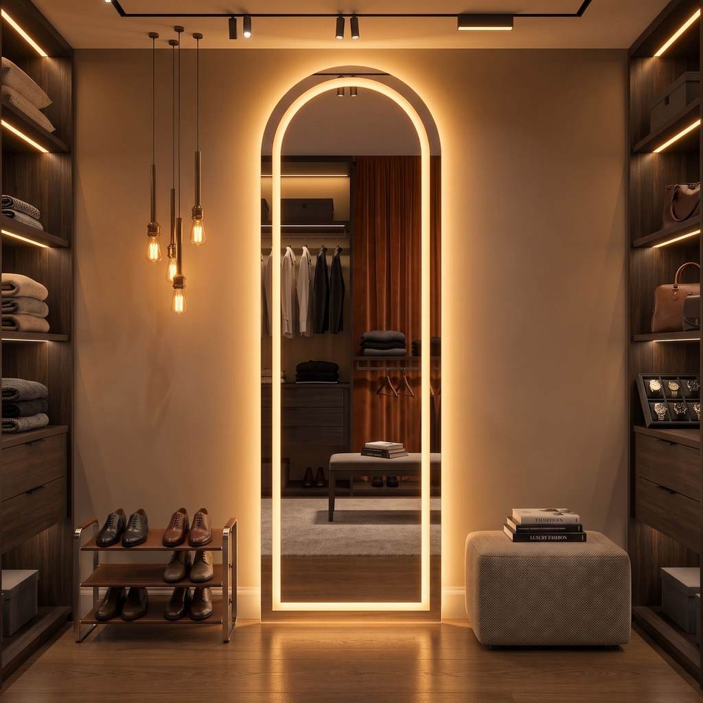 Espelho Oval Base Reta Arco com LED 3 cores 180x60 Botão Touch Jateado Lapidado Banheiro Quarto Sala Luxo