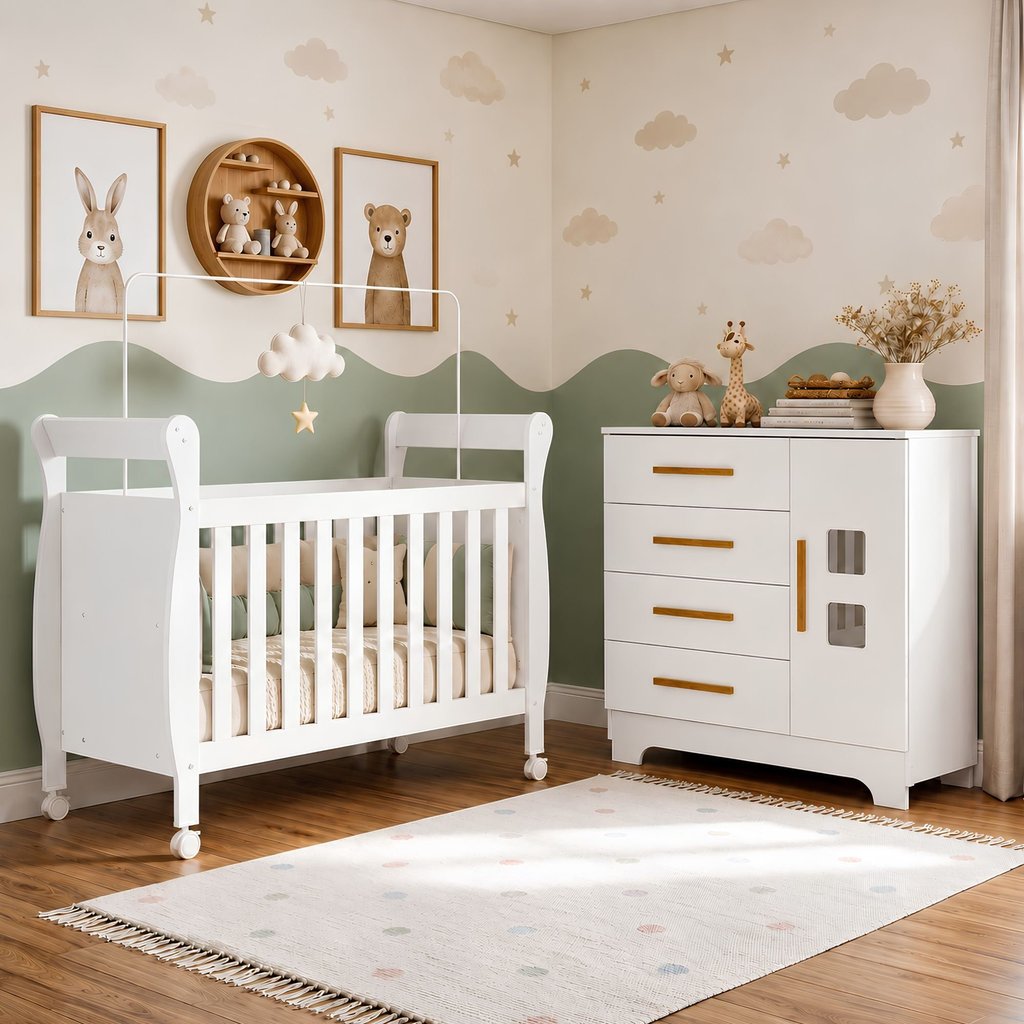 Quarto de Bebê com Berço Mini Cama 100% MDF com Colchão Slim e Cômoda 4 Gavetas 1 Porta Fly 100% MDF