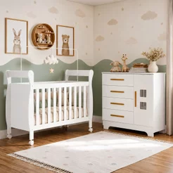 Quarto de Bebê com Berço Mini Cama 100% MDF com Colchão Slim e Cômoda 4 Gavetas 1 Porta Fly 100% MDF