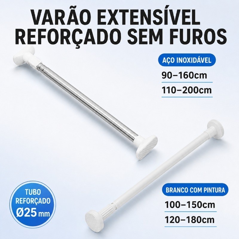 Varão Extensível Multiuso 25mm para Cortina Banheiro Sem Furo Branco ou Inox Ajustável