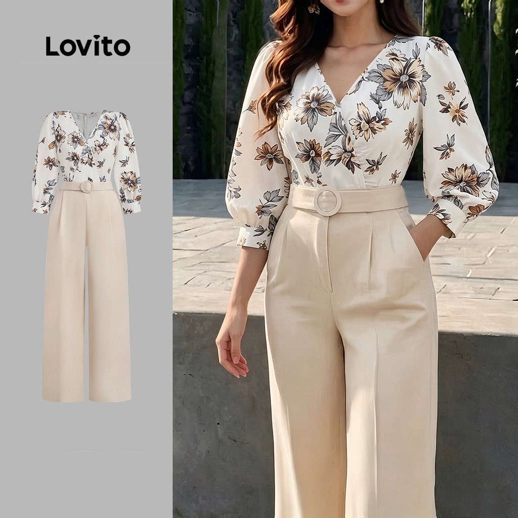 (New Arrival) Lovito Macacão Elegante com Cinto e Bolso Linha Estrutural Primavera/verão Cáqui para mulheres LBL36150