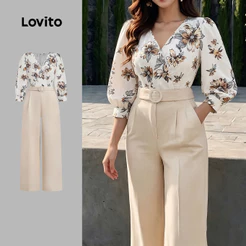 Lovito Macacão Elegante com Cinto e Bolso Linha Estrutural Primavera/verão Cáqui para mulheres LBL36150