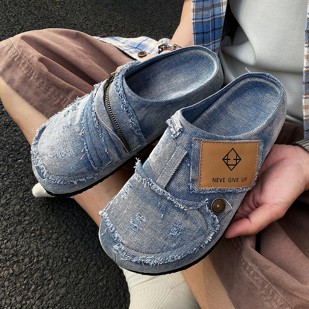 Verão Denim estilo Baotou chinelos masculino feminino respirável Casual preguiçoso sapatos All-Match deslizamento-On ext