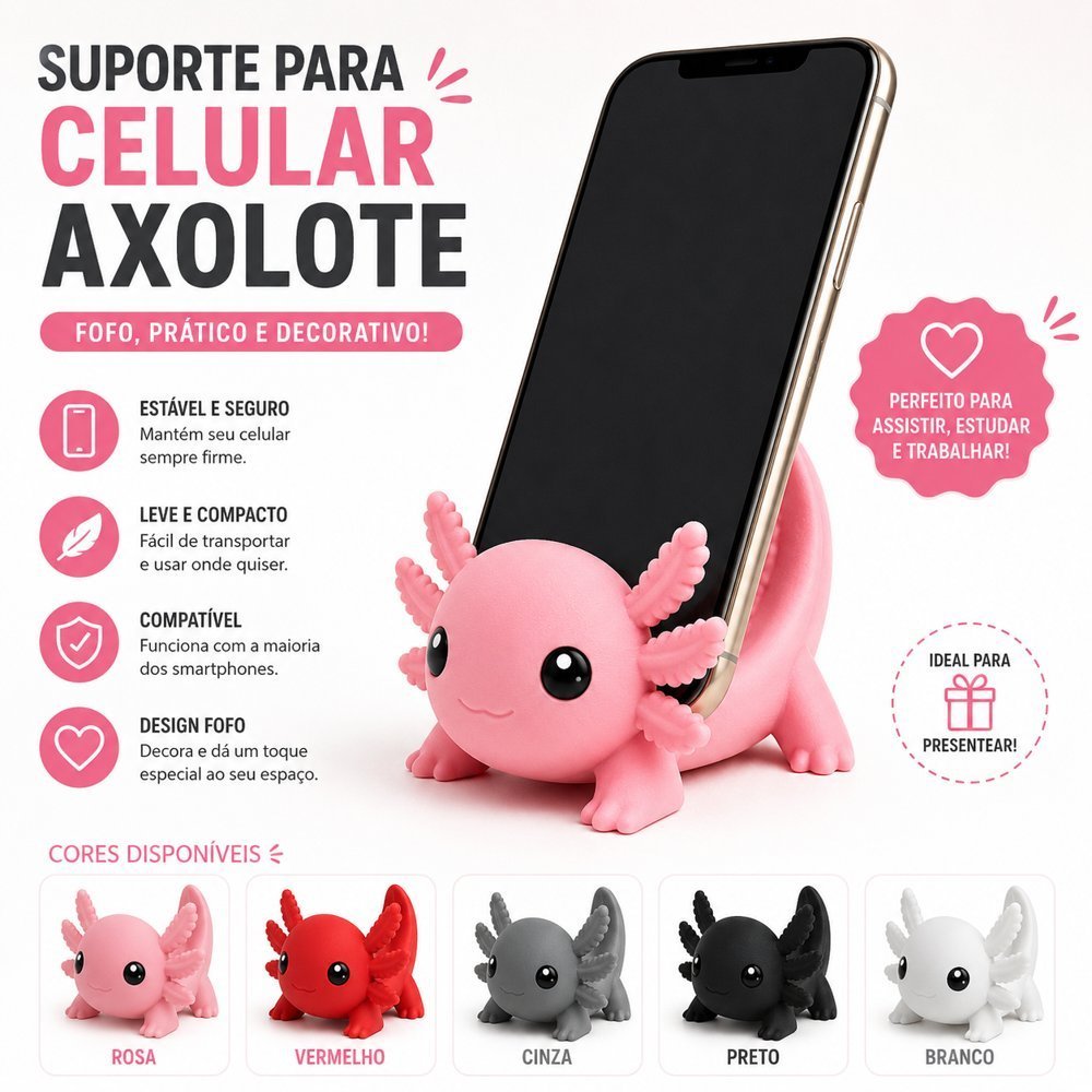 Suporte de Celular Axolote Kawaii | Apoio para Smartphone Antiderrapante Decorativo para Mesa e Escritório