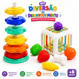Brinquedo Infantil Montessori Educacional Didático Cubo Encaixe Frutinhas + Torre Gira Gira Diversão