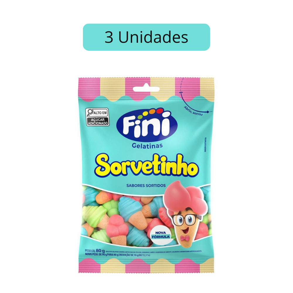 Kit 3 Pacotes de Balas de Gelatina Ice Cream 80g Fini
