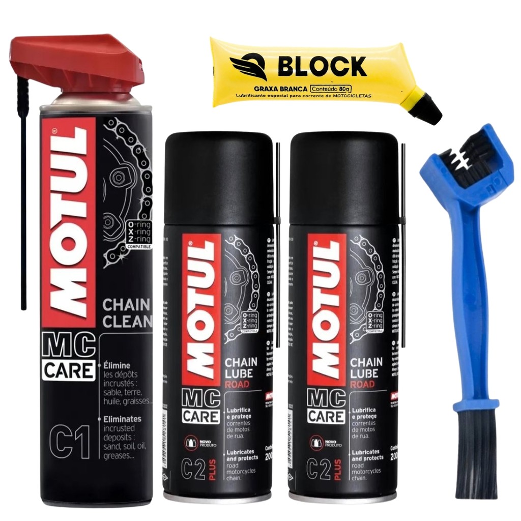 Kit Lubrificante LIMPEZA Corrente MOTUL C1 + 2 C2 Plus Chain + ESCOVA DUPLA LIMPEZA SHIVER ORIGINAL + GRAXA BRANCA 80G