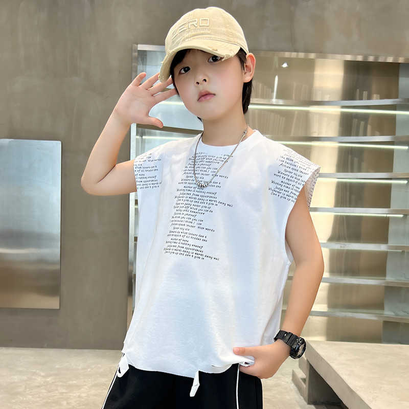 Meninos sem mangas colete camiseta roupas de verão 2026 novo estilo moda grandes crianças verão meninos estilo fino boni