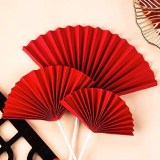 Decoração de bolo em forma de leque dobrável vermelho, leque de papel semicircular dobrável vermelho, decoração de bolo 