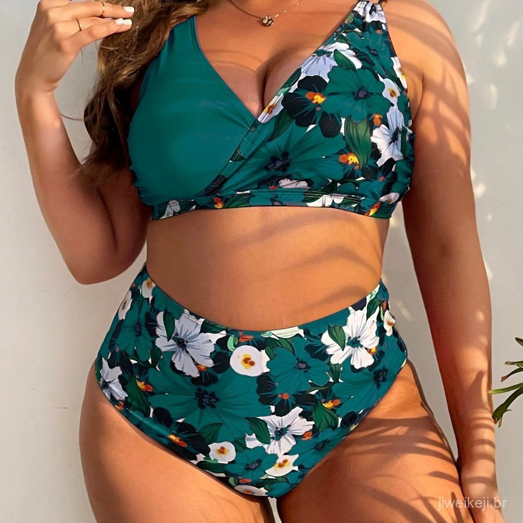 Biquíni Feminino Plus Size de Cintura Alta com Decote em V Estampado Moda 6683