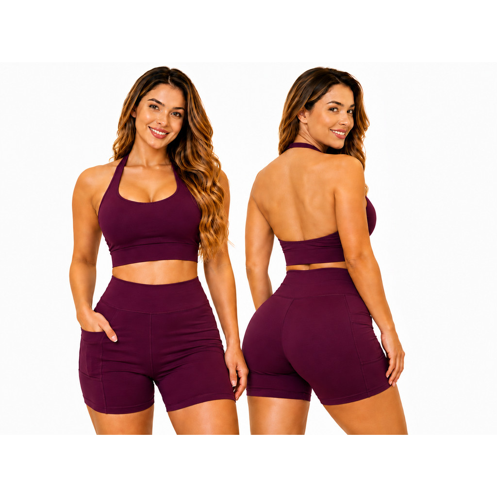 Conjunto Feminino Fitness Top Frente Única + Short Cintura Alta Academia Treino Conjunto Ginástica Musculação REF1177