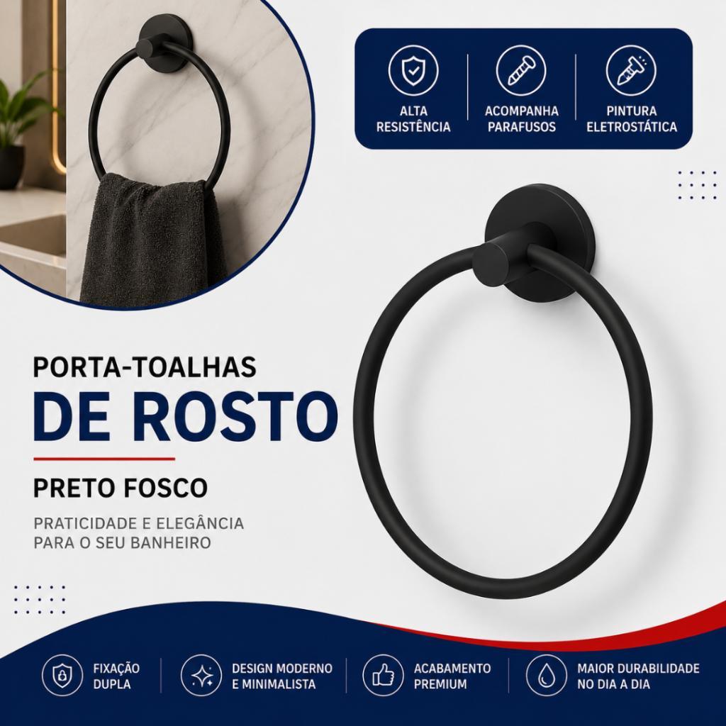 Argola para Toalhas Veneza Preto Fosco em Aço Inox Antiferrugem Montagem Completa