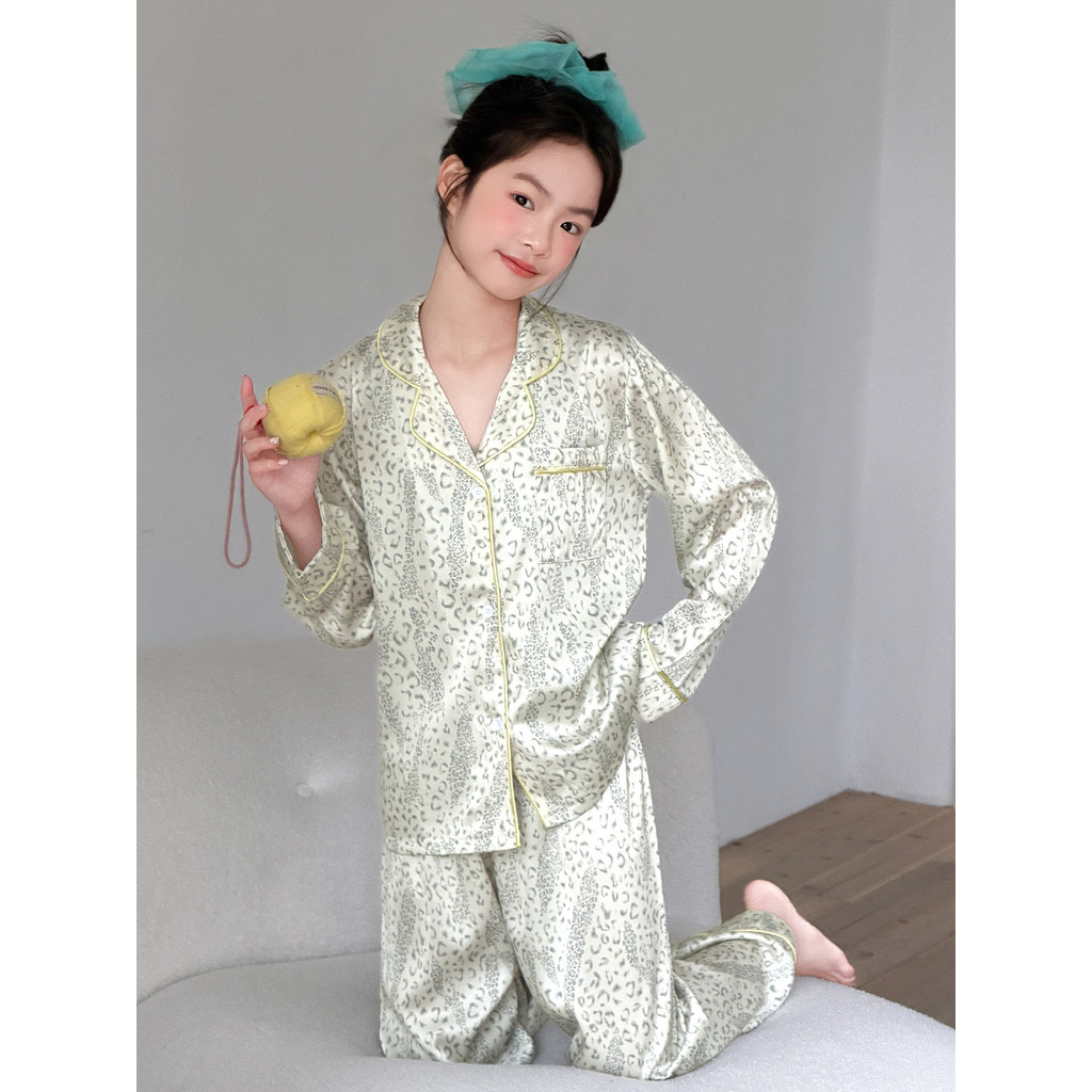 Meninas leopardo impressão pijamas conjunto crianças primavera verão de manga comprida Cardigan gelo neve seda luz luxo 