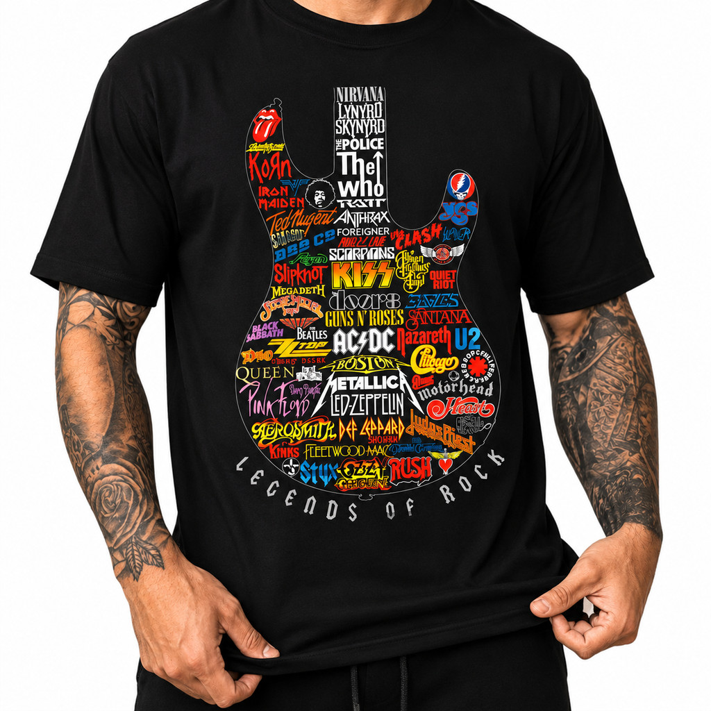Camiseta Camisa Masculina 100% Algodão Guitarra Bandas De Rock Black