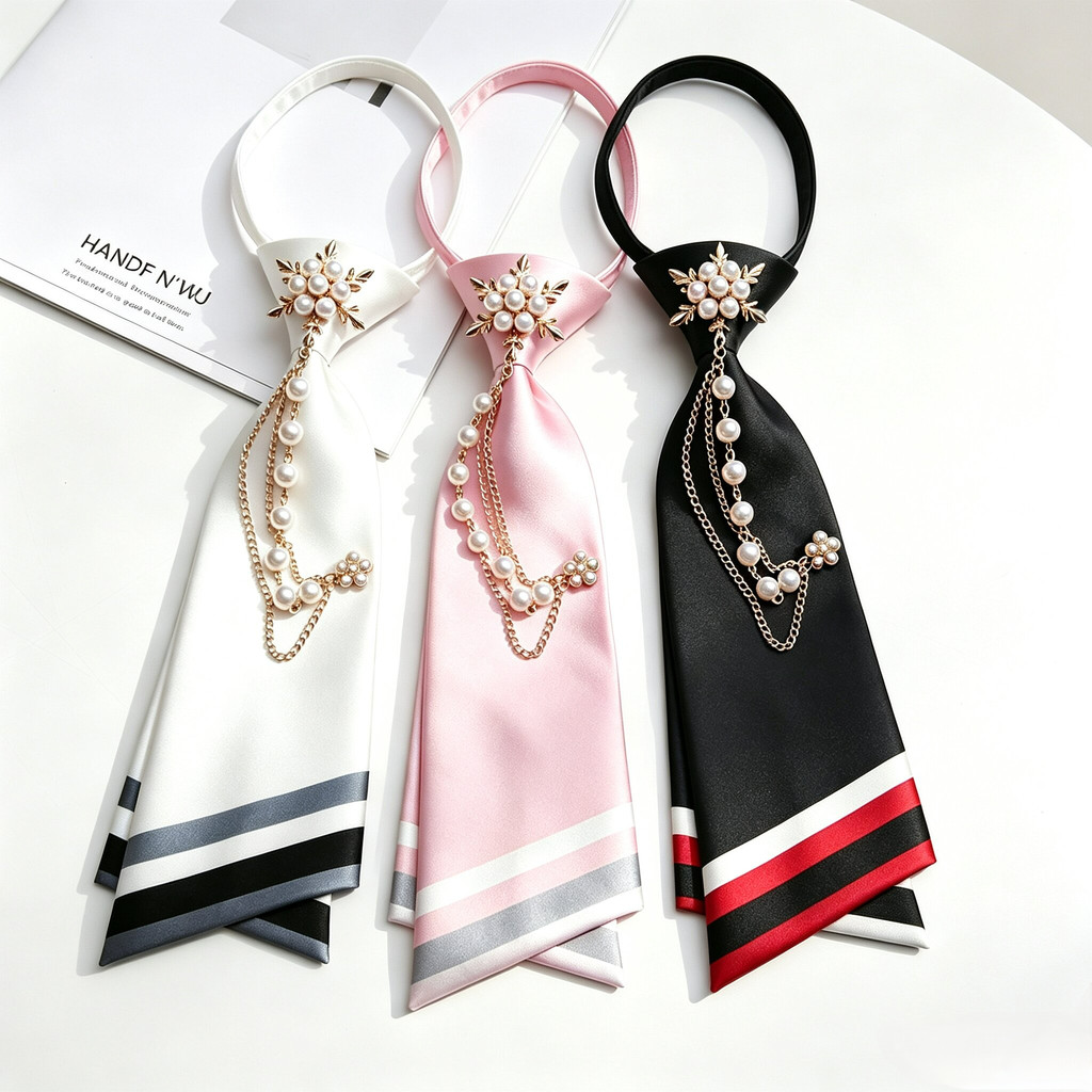 Pérola corrente gravata livre feminino JK estilo Preppy listras de cetim lenço decorativo moda na moda camisa acessórios