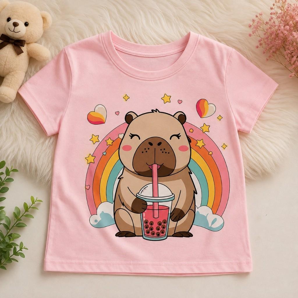 Camiseta Infantil 100% Algodão Feminina Estampa Capibara Feliz Menina Presente Dia das Crianças Aniversário Natal