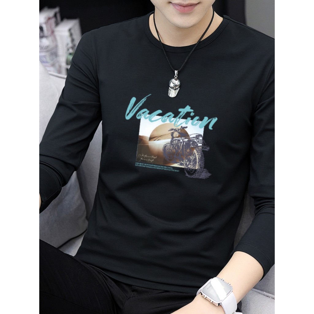 Roupas masculinas 2026 novo estilo camiseta de manga comprida algodão puro com padrão juventude roupas de outono roupa e