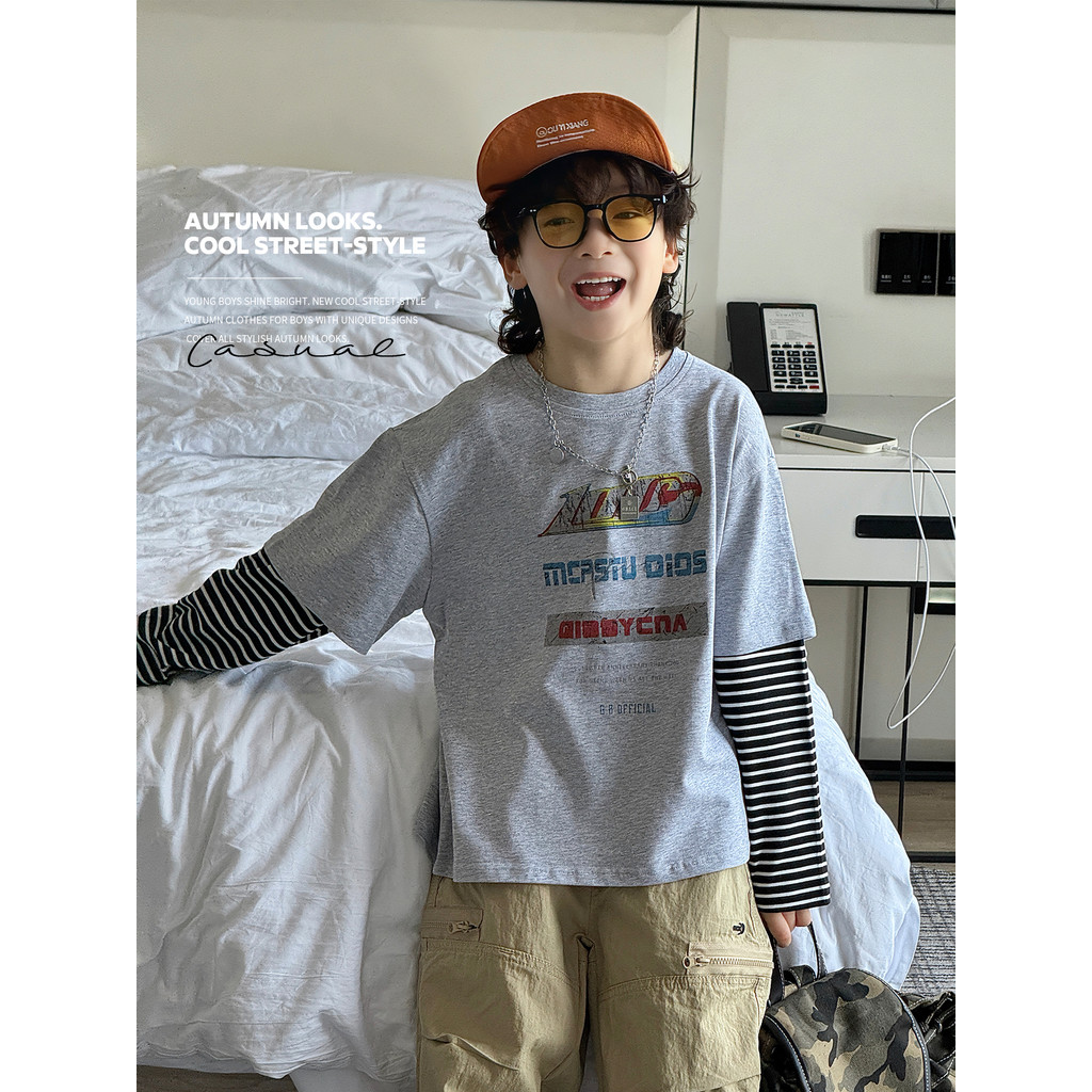 Meninos falso de duas peças de algodão de manga comprida camiseta 2026 primavera outono estilo crianças versão coreana i