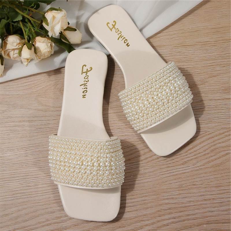 2026 verão novo estilo moda Flip-Flops senhoras pérola branca 43 Casual fundo plano moda exterior usar sandálias estilo 