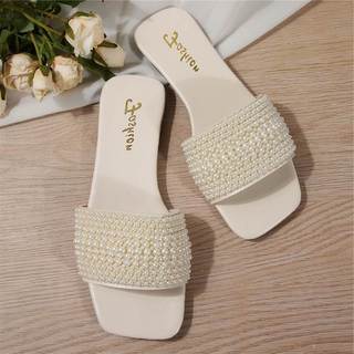 2026 verão novo estilo moda Flip-Flops senhoras pérola branca 43 Casual fundo plano moda exterior usar sandálias estilo 