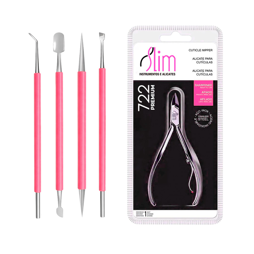 Kit Manicure e Pedicure Completo Alicate de Cutícula Profissional + 4 Espátulas Aço Inox
