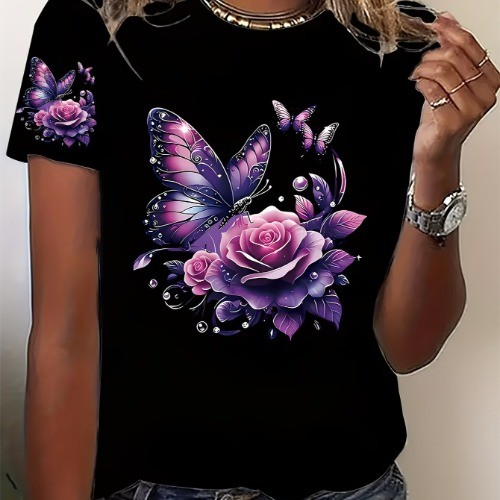 Camiseta Feminina Blusa Oversized Preta Estampada Rosas Roxas e Borboleta Floral Romântica Manga Curta Casual